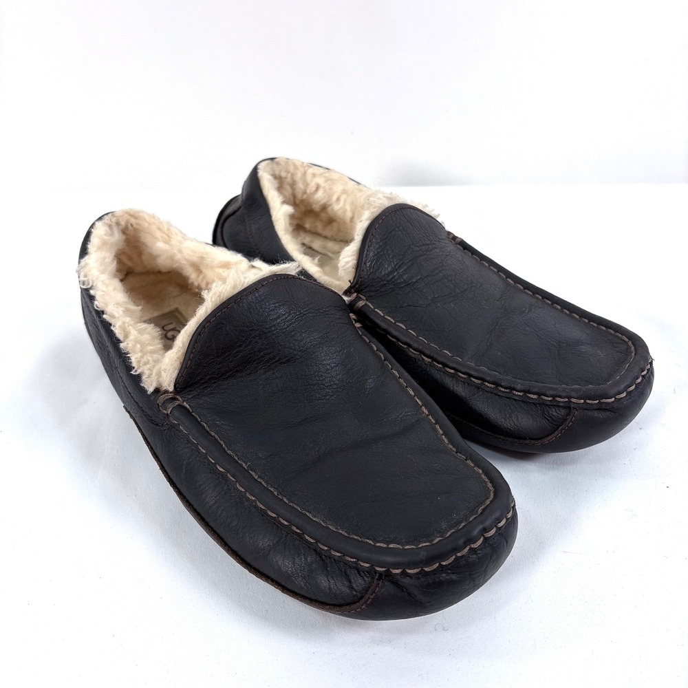 UGG Ascot Slippers Dark Brown Leather Shearling Lined Moccasins Men Sz 10